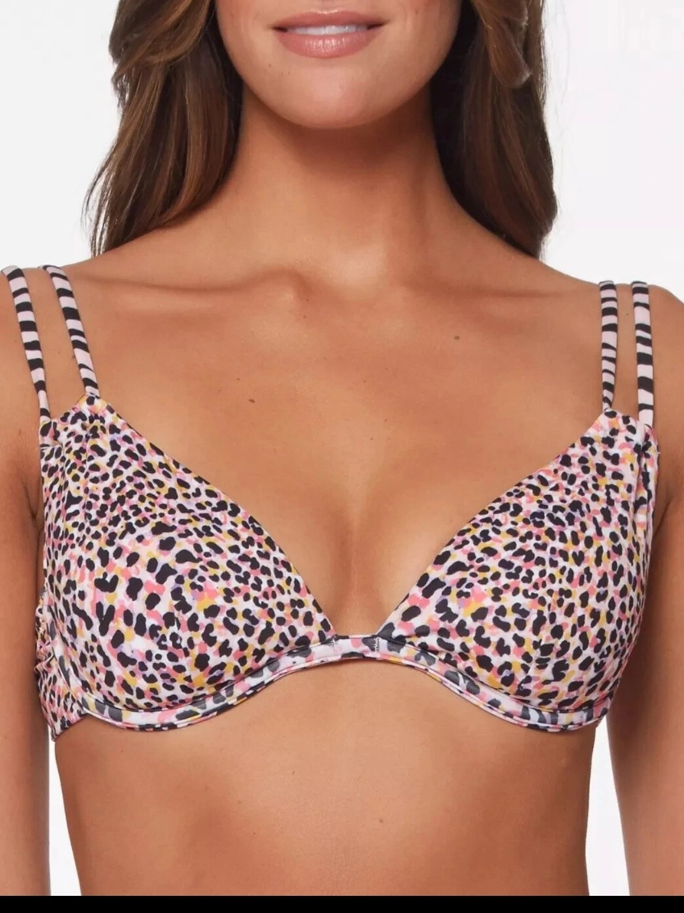 Sanctuary Pink Leopard Print Underwire Bikini Top with Striped Straps